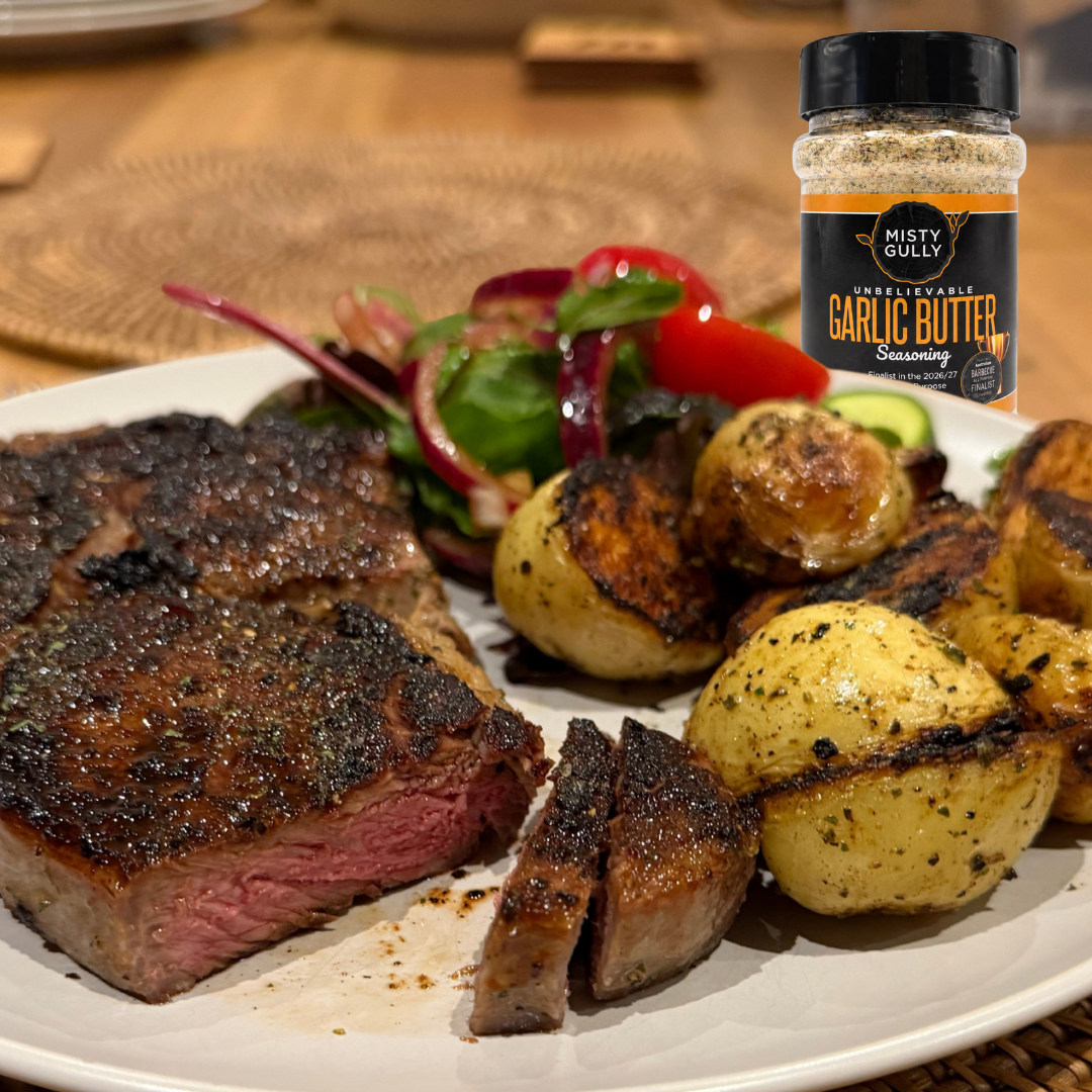 Perfect Garlic Butter Scotch Fillet with Crispy Potatoes & Balsamic Salad